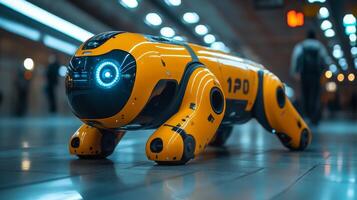 A robotic unit equipped for surveillance maneuvers through a busy transportation hub, actively monitoring for security and operational efficiency during peak hours. photo