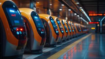 A line of automated transportation units waits at a busy urban subway station, showcasing advanced logistics and monitoring technology designed for efficient passenger flow and security. photo