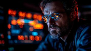 A focused individual monitors advanced logistics systems, analyzing data from a control panel highlighting trends in transportation, security, and automated processes during nighttime operations. photo
