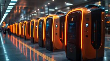 Automated ticketing kiosks with vibrant lighting line a bustling transportation hub, facilitating quick transactions for commuters during peak hours, ensuring smooth mobility. photo