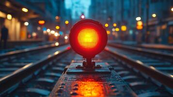 Bright traffic signal stands on railway tracks, illuminating the wet ground while city buildings emerge in the background during early morning, suggesting a busy urban environment. photo