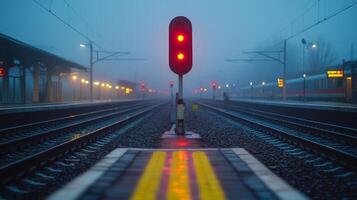 Red signals indicate halted transport as workers perform inspection and surveillance at a fog enshrouded railway station in the early morning with low visibility. photo
