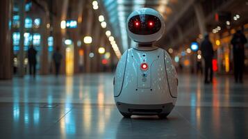 A robotic unit stands in an urban transit hub, equipped for logistics monitoring and security inspection, showcasing advanced automation technology in action. photo