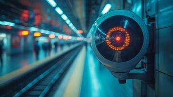A surveillance camera is positioned strategically in a busy subway station, overseeing commuters as they navigate through the bustling environment during rush hour. photo