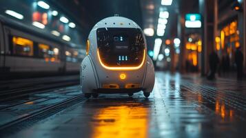 A small autonomous robot moves through a bustling transportation hub filled with commuters during the evening rush hour, showcasing advancements in logistics and mobility. photo
