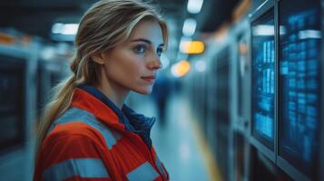 A logistics expert observes data on a digital monitor in a transportation facility, ensuring security and efficiency during the afternoon shift within a busy infrastructure. photo