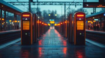 Automated checkpoints illuminated at dusk create a secure environment at this transportation hub, showcasing advanced infrastructure and mobility solutions for effective monitoring. photo