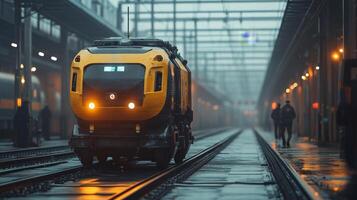 An automated train moves along railway tracks in a foggy transport hub, while personnel monitor inspections and prepare for the day's operations. photo