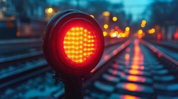 A red signal light stands prominently at a railway checkpoint, guiding transportation on the tracks while a dimly lit twilight sets in, highlighting essential safety measures. photo