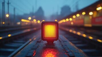 A glowing orange traffic signal stands prominently on railway tracks at dawn, ensuring safety and control at a key transportation checkpoint in a bustling infrastructure network. photo