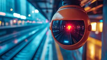 A surveillance camera captures a view of the train tracks at a bustling transportation hub on a rainy night, ensuring safety and efficiency in operations and monitoring. photo