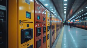 Automated ticket vending machines line the platform of a bustling subway station, ensuring smooth transportation access for commuters while monitoring the flow of passengers and security. photo