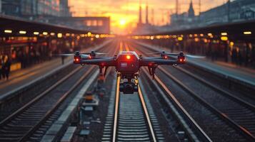A drone hovers above railway tracks at a busy urban train station during sunset, monitoring logistics and enhancing security through surveillance technologies. photo