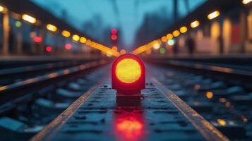 A bright red signal light indicates a stop for approaching trains along the railway tracks during dusk, with blurred station lights glowing in the background. photo