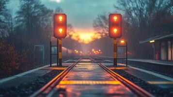 Warning signals glow brightly at a railway checkpoint as the sun sets, marking the transition to evening at a calm transportation station surrounded by trees. photo
