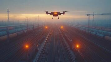 A drone hovers above a rail yard at dusk, inspecting train tracks and cargo containers while ensuring security and operational efficiency in transportation logistics. photo