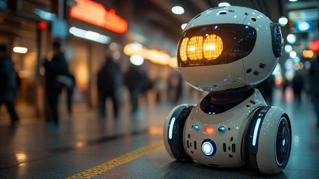 A robot designed for logistics and transportation autonomously navigates a busy terminal, conducting security checks and monitoring passenger movement to enhance safety. photo