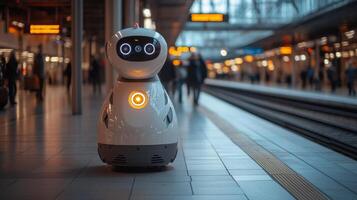 A robot stands in a bustling train station, guiding passengers while monitoring the area for safety and efficiency in transportation logistics and automated systems. photo