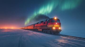 A freight train moves steadily along tracks in a snowy environment, illuminated by the colorful glow of the northern lights in the night sky. photo
