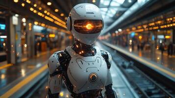 A robotic assistant stands at a transportation hub, actively monitoring the area for security and efficiency. Its advanced sensors focus on logistics and passenger flow during busy hours. photo