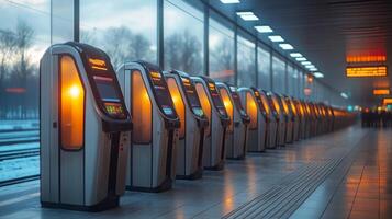Interactive kiosks line the automated transportation checkpoint, providing passenger assistance as twilight descends, ensuring efficient mobility and monitoring security. photo