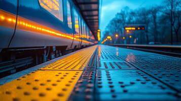 Smooth pavement reflects lights from an approaching train at a railway platform. Automated systems enhance mobility and ensure rigorous security and monitoring at this transport hub. photo