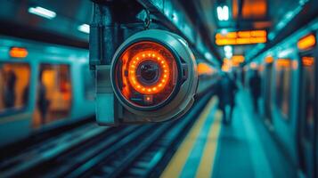 A round surveillance camera with glowing lights is mounted at a subway station, providing security and monitoring as passengers navigate the platform during a busy commute. photo