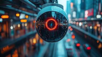 Automated surveillance cameras monitor bustling city traffic and pedestrian movement for enhanced security and efficient transportation management during early evening hours. photo