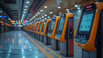 Advanced kiosks for ticketing and information lineup in a well lit transportation hub, emphasizing surveillance and security in urban mobility applications during evening hours. photo
