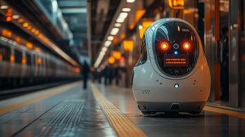 A robotic assistant monitors passenger flow at a busy transportation hub. Its sensors display information while it stands near the platform, ensuring security during peak travel times. photo