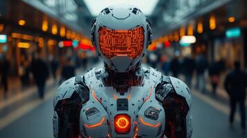 A cutting edge robot equipped with high tech features is positioned in a busy transportation hub, actively monitoring the flow of people and ensuring security for efficient logistics operations. photo