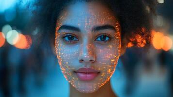 A young individual with intricate digital patterns on their face represents the fusion of technology with logistics and security measures in urban infrastructure. photo