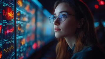 A technician is focused on analyzing real time logistics and transportation data displayed on multiple screens in a modern control room filled with automation tools and surveillance systems. photo