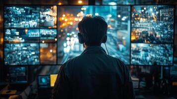 A professional conducts surveillance of transportation systems at a bustling urban checkpoint, utilizing multiple screens to monitor various logistical activities and ensure security. photo