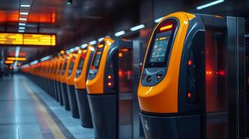 Advanced ticketing kiosks stand ready at a busy transit station, facilitating automated entry as commuters navigate the transport infrastructure. Bright displays indicate service information. photo