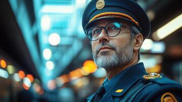A security officer oversees a transportation area, observing the flow of passengers and vehicles, enhancing security and operational efficiency in a bustling environment. photo