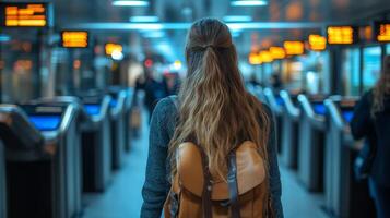 A woman with long hair walks towards automated checkpoints at a busy transportation hub, where monitors display information for commuters. The atmosphere indicates a blend of security and efficiency. photo