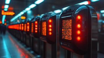 A series of automated checkpoints are operational with glowing red indicators, enhancing security and monitoring in a bustling transportation hub during evening hours. photo