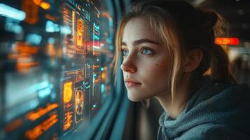 A young woman is focused on monitoring transportation data through digital displays in a control center, highlighting automation and security in logistics operations. photo