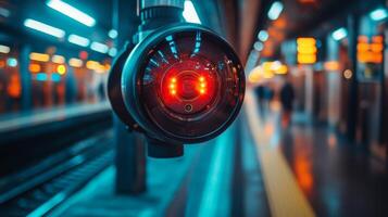 A red surveillance camera is positioned in a transportation hub, capturing activity during the evening rush hour. Commuters are visible in the background as they navigate the platform. photo