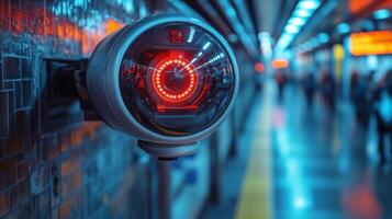 A modern surveillance camera with red lights is installed in a bustling transportation hub. Passengers move swiftly in the background as security measures ensure safety and monitoring. photo