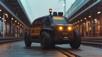 An automated vehicle equipped with monitoring technology operates at a railway checkpoint, enhancing security and surveillance infrastructure during early morning. photo