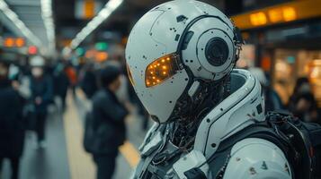 A robotic assistant is stationed at a bustling transit hub, actively monitoring passenger movement and ensuring smooth operations during high traffic periods. photo