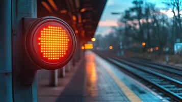 Red light indicates stop at railway platform as dusk settles. Surrounding area features rails, illuminated posts, and trees blurred in evening light, highlighting transport dynamics. photo