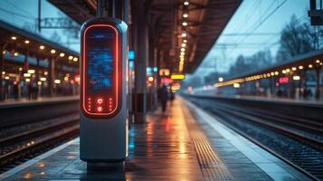 A modern surveillance checkpoint is positioned at an automated transport station with illuminated platforms and train tracks, reflecting ambient light during twilight. photo