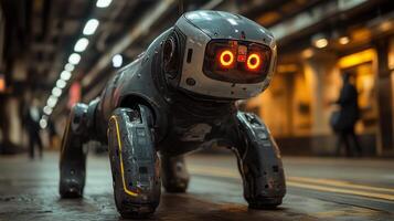 A robot with distinctive red eyes navigates through a transportation facility, engaged in monitoring and inspection tasks during nighttime hours. photo