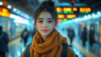 A young woman stands confidently in a bustling transportation center, surrounded by commuters, illuminated by colorful signage and soft overhead lights during evening hours. photo