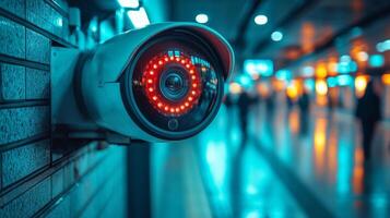 High tech surveillance camera equipped with LED lights is actively monitoring a busy transportation hub. This setup ensures safety and efficient inspection of pedestrian activity. photo