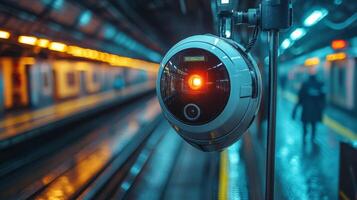 High tech surveillance camera is positioned in a bustling metro station, ensuring security and monitoring passenger flow during peak travel hours in a modern urban environment. photo
