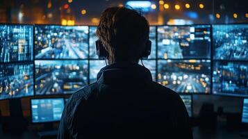An operator oversees multiple screens displaying a city's transportation routes and traffic flow, enhancing security and automation at night from a control center. photo